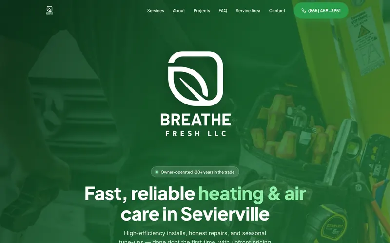 Homepage of the Breathe Fresh HVAC website, built by Quantos Media
