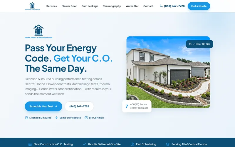 Homepage of the Central Florida Blower Door Testing website, built by Quantos Media