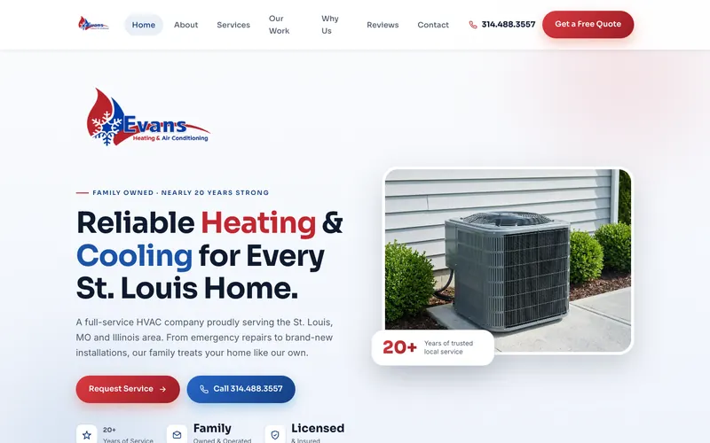 Homepage of the Evans Heating & Air website, built by Quantos Media