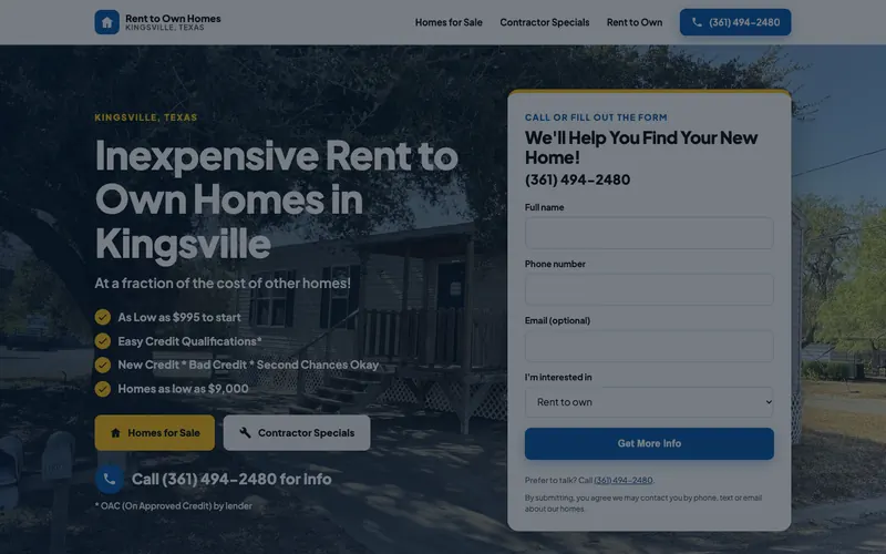 Homepage of the Kingsville Rent to Own website, built by Quantos Media