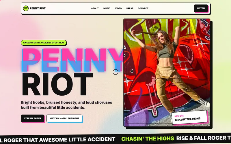 Homepage of the Penny Riot website, built by Quantos Media
